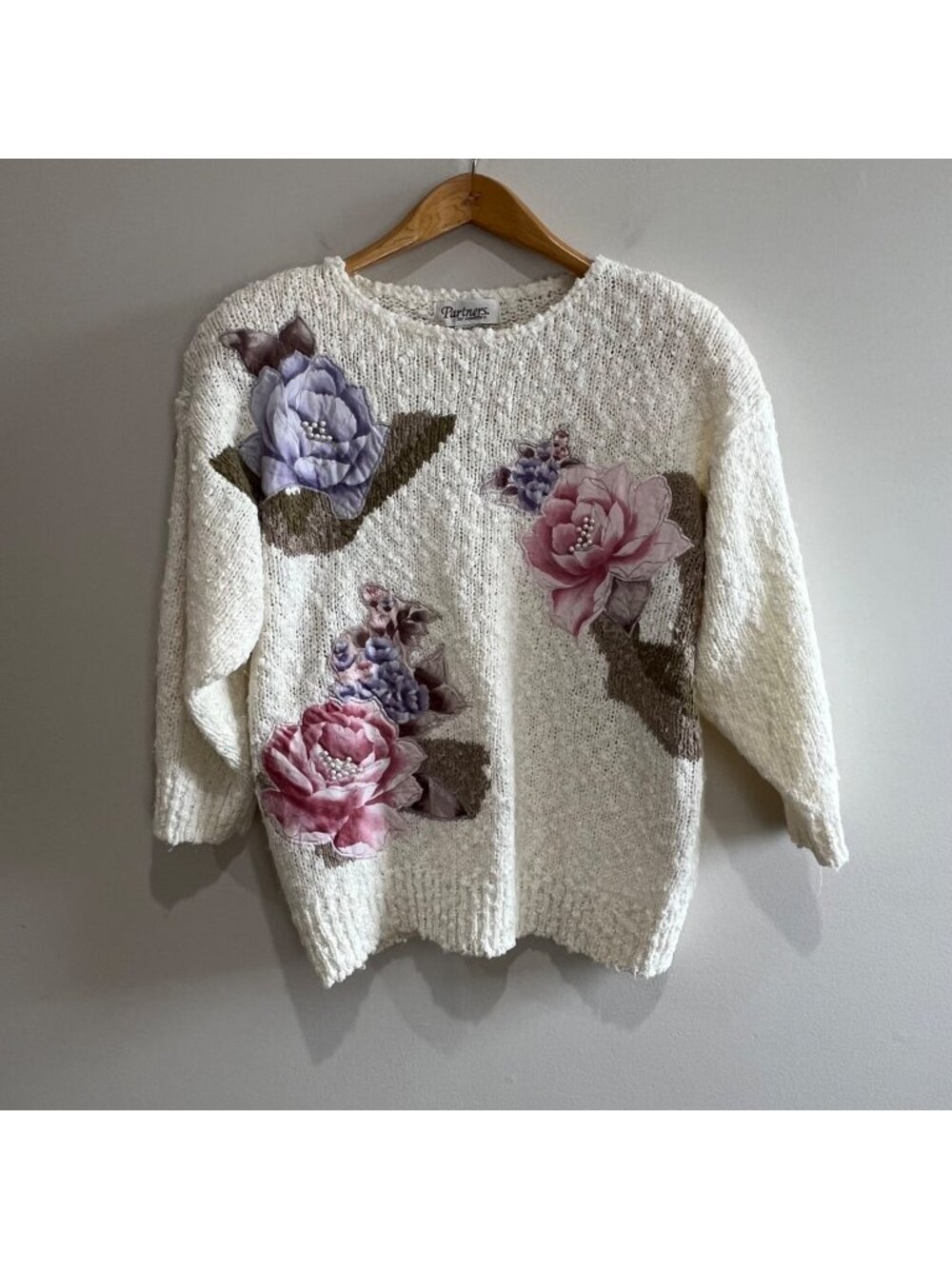 Partners Vtg 80s Sweater Floral Applique Beaded Womens L Cream Popcorn Knit